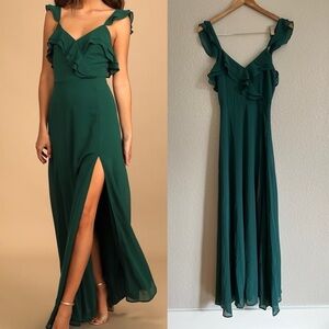 Adoring Glances Emerald Green Ruffled Maxi Dress
